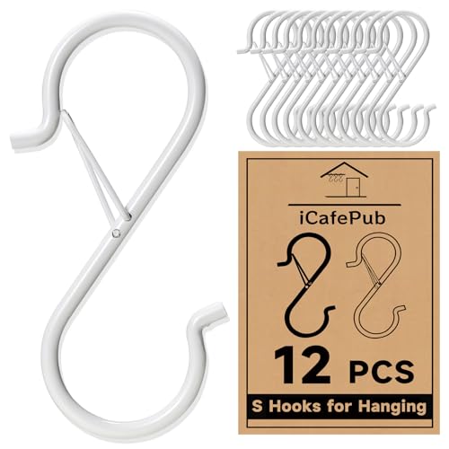 12 PCS S Hooks for Hanging with Safety Buckle, Heavy Duty Metal S Hooks - color: White