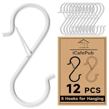 12 PCS S Hooks for Hanging with Safety Buckle, Heavy Duty Metal S Hooks - color: White