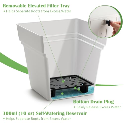 6-Pack 7 Inch Square Planters with Built-in Drainage Tray & Bottom Plug - color: White