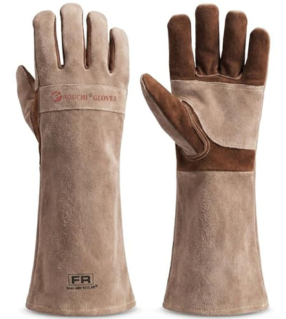 Welding Gloves -Long Sleeve Fireproof and Heat Resistant 15IN L - color: Brown 1 Pair, size: Large