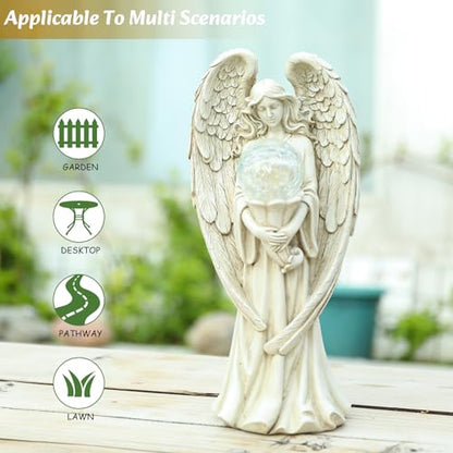 Garden Angels Outdoor Statue, Solar Angel with Crackled Glass Globe Outdoor - color: White