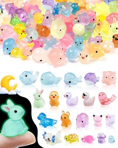 FIVEIZERO 100PCS Luminous mini Resin Animals - 20 Styles Multiple Colors per Style Glow in The Dark Plastic Tiny Animals Figures for Dollhouse, Fairy Garden, Aquarium, Party Favors & DIY Craft Decor - color: Multi-colored Animals