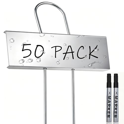 50 Pack Metal Plant Labels with 2 Pens - 10.6" Weatherproof Garden Markers, Reusable Nursery Tags for Vegetables Herbs Flowers Seedlings, Silver - color: Silver-50