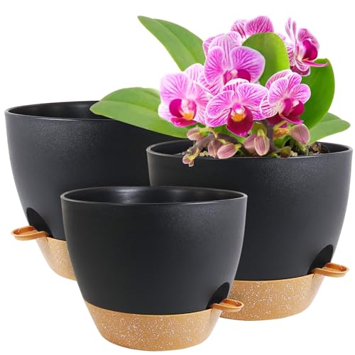 WSMKSZ 10/9/8 inch Self Watering Pots for Indoor Outdoor Plants, Set of 3 - color: Black With Brown, size: 10"+9"+8"