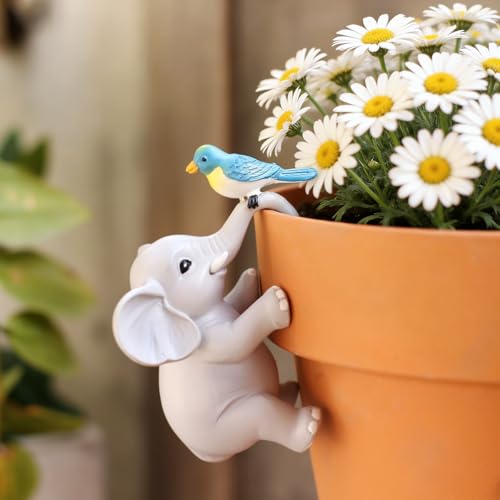 Cute Climbing Elephant with Bird Flower Pot Hugger Figurines Resin Hanging Elephant Statue Planter Pot Decorations for Home Garden Fence Balcony Patio Lawn Yard Ornaments - color: Elephant With Bird