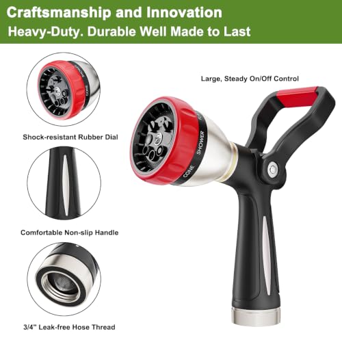 FANHAO Fireman Style Garden Hose Nozzle Heavy Duty Metal, 8 Spray Patterns - color: Red