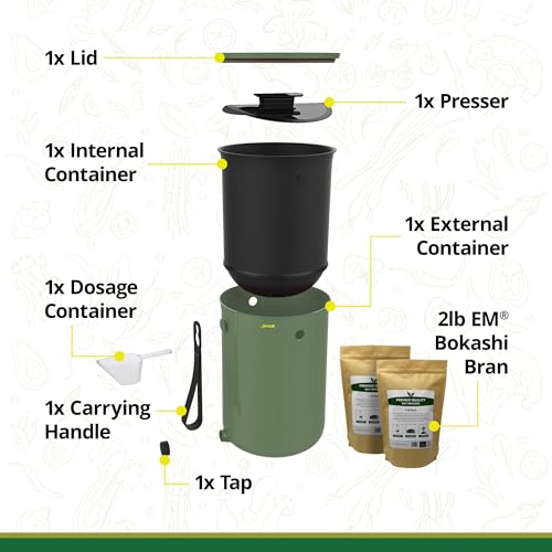Bokashi Compost Bin + 2 Lb Bokashi Bran, Kitchen Countertop Composter - color: Olive