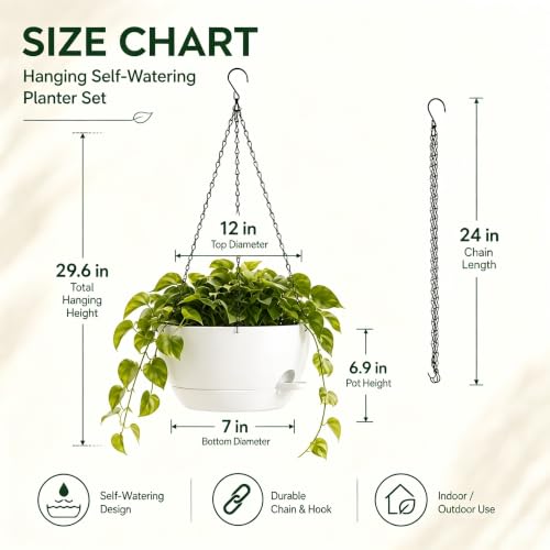 12 Inch Self Watering Hanging Planters 2 Pack, White - color: White