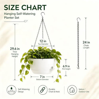 12 Inch Self Watering Hanging Planters 2 Pack, White - color: White