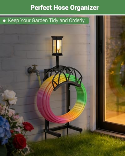 Garden Hose Holder with Solar Light, Freestanding Hose Stand for Outside