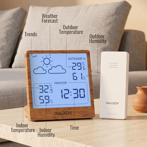 Raddy WF-50T Wireless Weather Station, Dark Wood Frame - color: Dark Wood