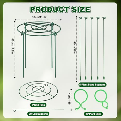 5 Pack Metal Peony Cages and Supports with 20 Plant Twist Clip Ties, Plant Support Stakes for Indoor Outdoor Plants, Tall Plant Holder Stick Kit, Plant Support Ring for Peony, Rose,Tomato, Hydrangea