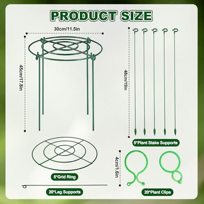 5 Pack Metal Peony Cages and Supports with 20 Plant Twist Clip Ties, Plant Support Stakes for Indoor Outdoor Plants, Tall Plant Holder Stick Kit, Plant Support Ring for Peony, Rose,Tomato, Hydrangea