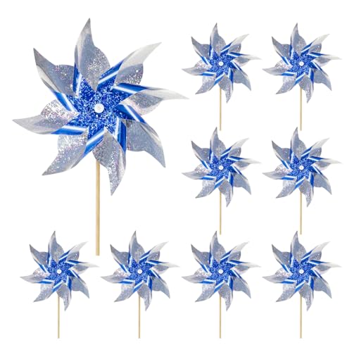 HOOSUN 10 Pack Reflective Pinwheels for Yard and Garden,Wind Spinners Outdoor Bird Scare Devices,Sparkly Windmills for Garden Decor,Scare Birds Away Wind Spinners for Outside Patio Yard - color: Blue