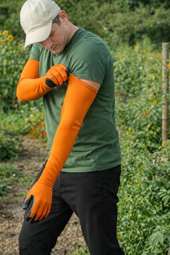 Long Sleeve Gardening Gloves Nitrile-Coated No Slip Grip Cut Proof - color: Orange, size: Small