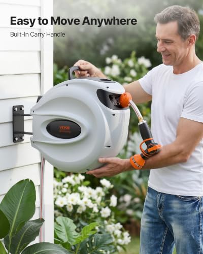 VEVOR Retractable Hose Reel, 100 ft x 1/2 inch, 180° Swivel Bracket Wall-Mounted, Garden Water Hose Reel with 9-Pattern Nozzle, Automatic Rewind, Lock at Any Length, and Slow Return System
