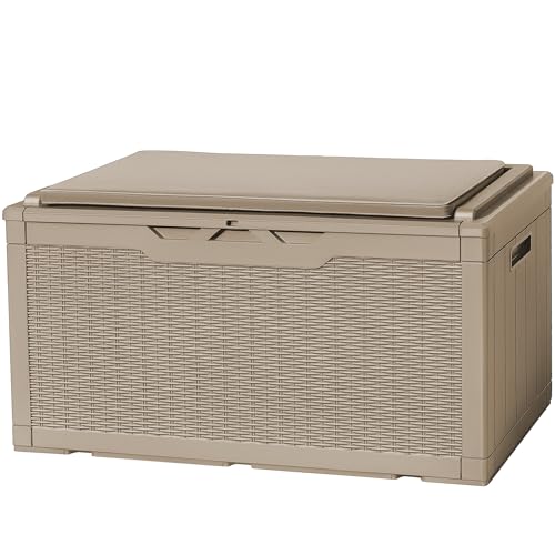 Flamaker Deck Box 98 Gallon Waterproof Resin Storage Box with Cushion - color: Brown, size: 98 Gallon