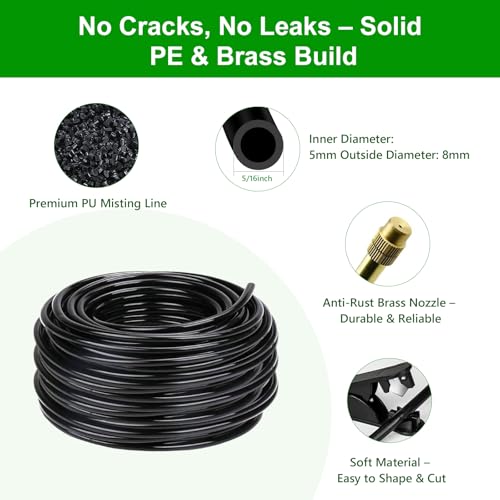 60FT Drip Irrigation System for Garden – Automatic Watering Kit with Solid Brass Metal Connectors, 360° Bendable Tubing &16 Adjustable Nozzles for Greenhouse, Lawn, Yard & Plants - size: 60 FT