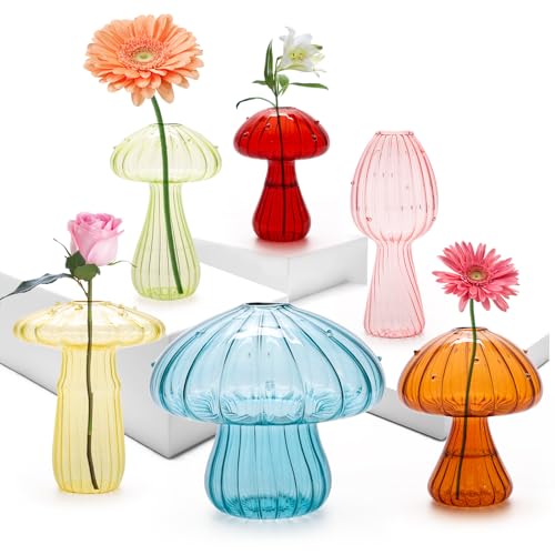 6Pcs Mushroom Vase, Colored Glass Vase,Mushroom Propagation Vases for Plants, Cute Hydroponic Flower Vase, Small Bud Vase, Mushroom Planter Home Office Decor for Women Gift Propagation Station