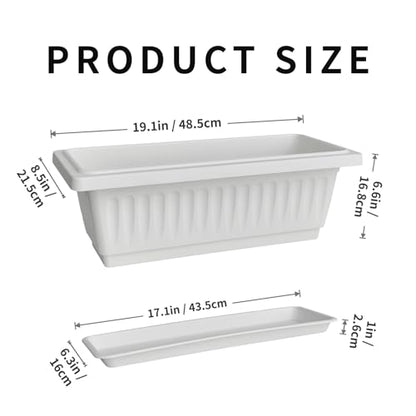 19 Inch Rectangular Plastic Planters, Set of 2, White Window Flower Boxes - color: White