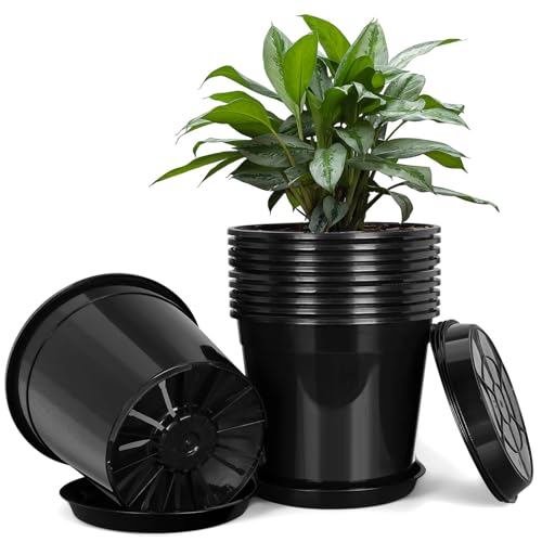 FUIJOL 2 Gallon Plastic Pots with Drip Trays, Sturdy Gallon Plant Pots with Drainage Holes, Large Plastic Planter for Flowers, Ideal for Indoor and Outdoor Use (2Gallon-10PACK) - size: 2Gallon-10PACK