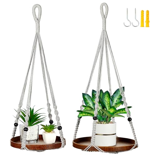 2 Pack Macrame Plant Hanger, Hanging Plant Shelf (12" + 10") - color: Light Grey, size: 2-Pack, 1-Tier