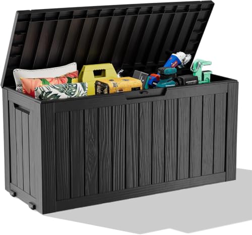Vixzen 75 Gallon Deck Boxes Outdoor Waterproof, Resin Lockable Storage Box for Patio Cushions Storage Furniture, Garden Tools, Pool Supplies, Weatherproof and UV Resistant (Black, 75 Gallon) - color: Black, size: 75 Gallon