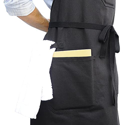 Black Kitchen Apron for Cooking, with Pockets & Towel Loop - color: Black Cotton