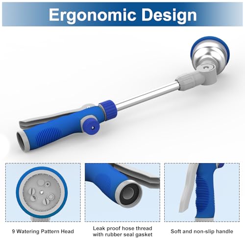 Watering Wand, 16" Aluminum Garden Hose Nozzle with 180° Rotating Ratchet Head, 9 Spray Patterns & Adjustable Flow Control - Perfect for Water Hanging Baskets and Shrubs