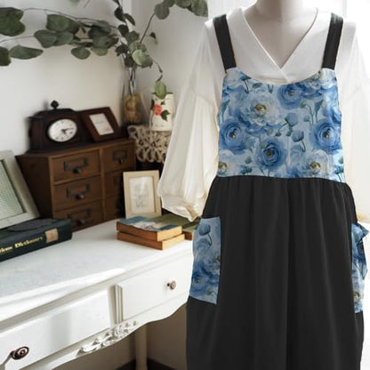 Cotton Linen Apron Cross Back Apron for Women with Pockets Pinafore Dress - color: Flora Black