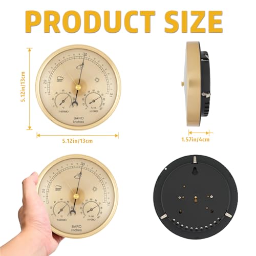 3-in-1 Analog Weather Station, 132mm Barometer Thermometer Hygrometer, Accurate Fahrenheit Readings, Indoor Outdoor Air Pressure Temp Humidity Monitor- Golden