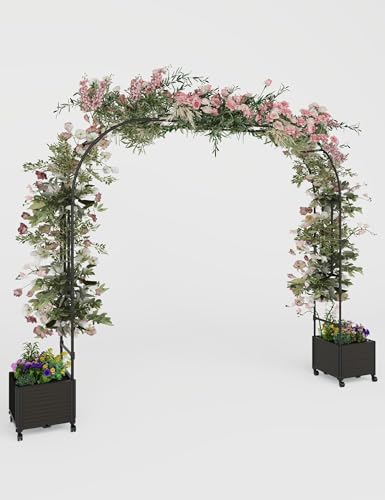 87" Rolling Garden Arch Trellis with Planter Box – Rustproof Metal Frame - size: Span 2.2