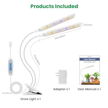 Aumtrly Plant Lights for Indoor Growing, 2 Head White Clip on Grow Lamp - color: White 1 Pack