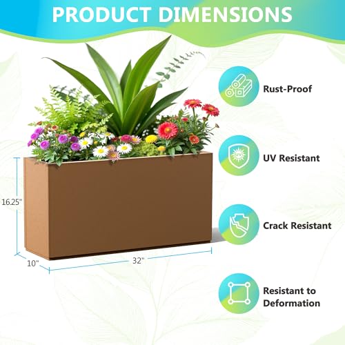 FENCY Large Metal Rectangle Planter Box for Outside - color: Brown, size: 32" L x 10" W x 16.3" H