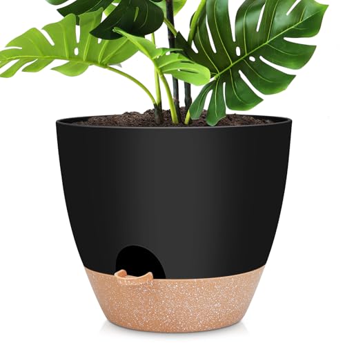 YNNICO 12 inch Large Self Watering Plant Pots, Flower Pots Planters with Multi Mesh Drainage Holes for Indoor Outdoor Garden Plants and Flowers.（Black） - color: Black, size: 12 Inch