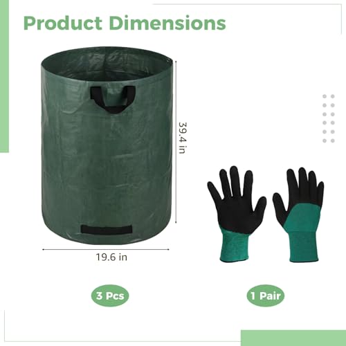 3-Pack 137 Gallon Extra Large Lawn Garden Bags, Reusable Yard Waste Bags with Gardening Gloves, Collapsible Heavy-Duty Leaf Bags with Handles, Waterproof Garden Bag for Leaves, Grass, Weeds