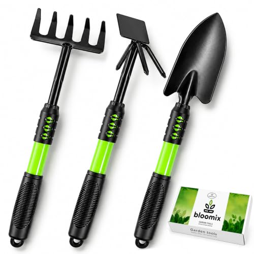 Bloomix Set of 3 Black Stainless Steel Gardening Tools Set Heavy Duty Hand Trowel, Hand Rake & Hoe Cultivator with Soft-Grip Ergonomic Handles, Durable Garden Tool Kit for Plant Care Black - color: BLACK
