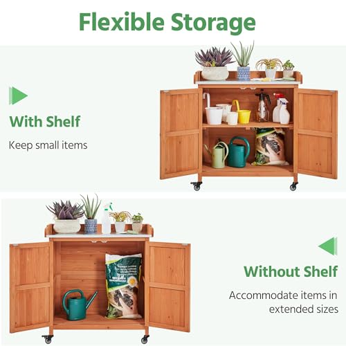 Yaheetech Rolling Potting Bench Outdoor Storage Cabinet, Metal Top, Brown - color: Brown