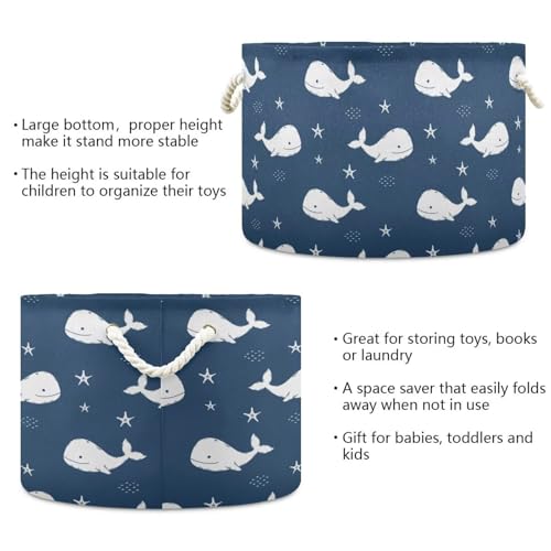 Navy Blue Whale Round Storage Basket Collapsible with Handle - color: Navy Blue