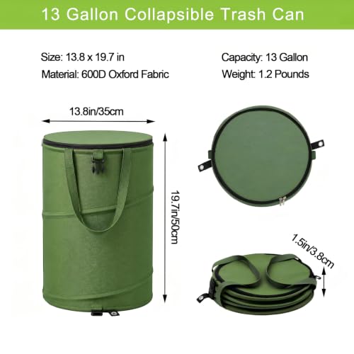 Collapsible Trash Can 13 Gallon, Pop Up Trash Can with Zipper Lid - size: 13 Gallons-With Lid