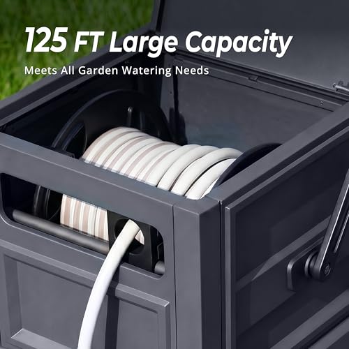 Garden Hose Reel Hideaway, Heavy Duty Metal Hose Reel Box Holds 125FT x 5/8" Hose, Steel Hose Storage Box with Manual Crank, Hose Guide and Leak-Proof Aluminum Connections, Stable 4-Leg Base - color: Dark Gray