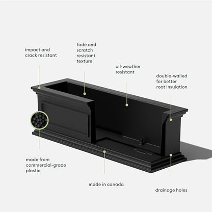 Veradek Brixton Series Window Box Planter - Rectangular Outdoor Planter - color: Black, size: 11"H x 11"W x 36"L - 2 Pack