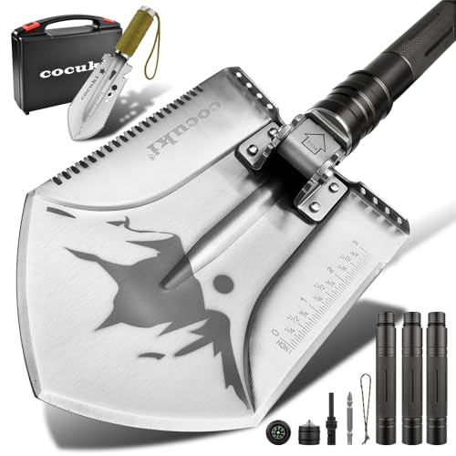 Camping Shovel Survival Kit, 2.0 Version One-Click Conversion Military Grade Multifunctional Folding Tactical Shovel with Titanium Backpacing Trowel for Camping, Emergency, Gardening, Hiking