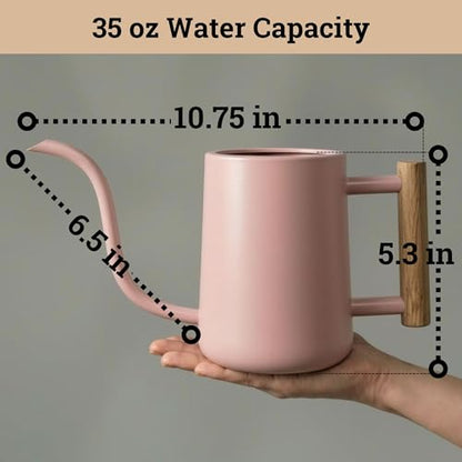 Metal Small Indoor Watering Can with Long Spout & Real Wood Handle, 35oz - color: Pink