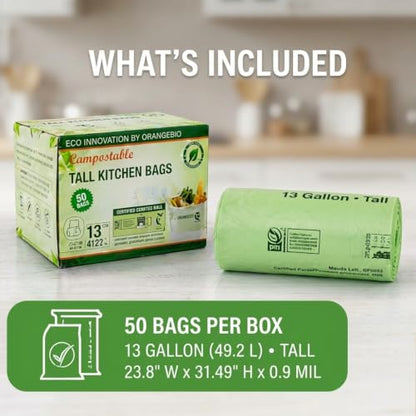 OrangeBio 13 Gallon Compostable Trash Bags, 50 Count, BPI Home Certified - size: 50 Count (Pack of 1)