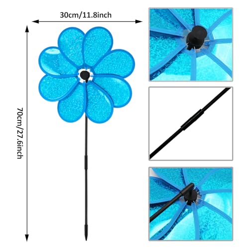 4PCS Flower Wind Spinner Sparkly Lawn Pinwheel 11.8 inch Blue Garden Windmill for Garden, Party, Outdoor, Yard Decor - size: Blue