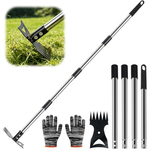 Weed Puller Tool with Long Handle – 58" Manual Weeder Remover Tool, 2-in-1 Handle Garden Hoe and Weed Rake, Hoe Garden Tool, Uprooting Weeding Tool for Yard, Lawn, Patio and Garden