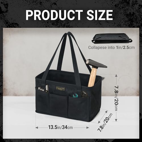 Tool Pouch, Heavy Duty 16oz Waxed Canvas Tool Bag, Rectangle Foldable Open Top Tool Bags with Handles, 7 Pockets | 13.5 x 7.8 x 7.8 Inches - color: Black, size: 13.5 Inch