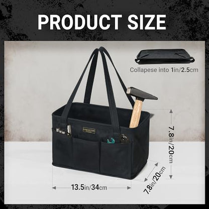 Tool Pouch, Heavy Duty 16oz Waxed Canvas Tool Bag, Rectangle Foldable Open Top Tool Bags with Handles, 7 Pockets | 13.5 x 7.8 x 7.8 Inches - color: Black, size: 13.5 Inch