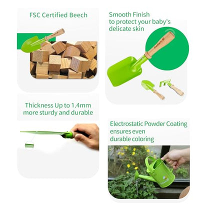 EverEarth Kids Metal Gardening Tools Set, Childrens Gardening Tool Kit with Canvas Tote Bag and Metal Watering Can, Metal Hand Rake, Trowel and Shovel, FSC Certified Wood